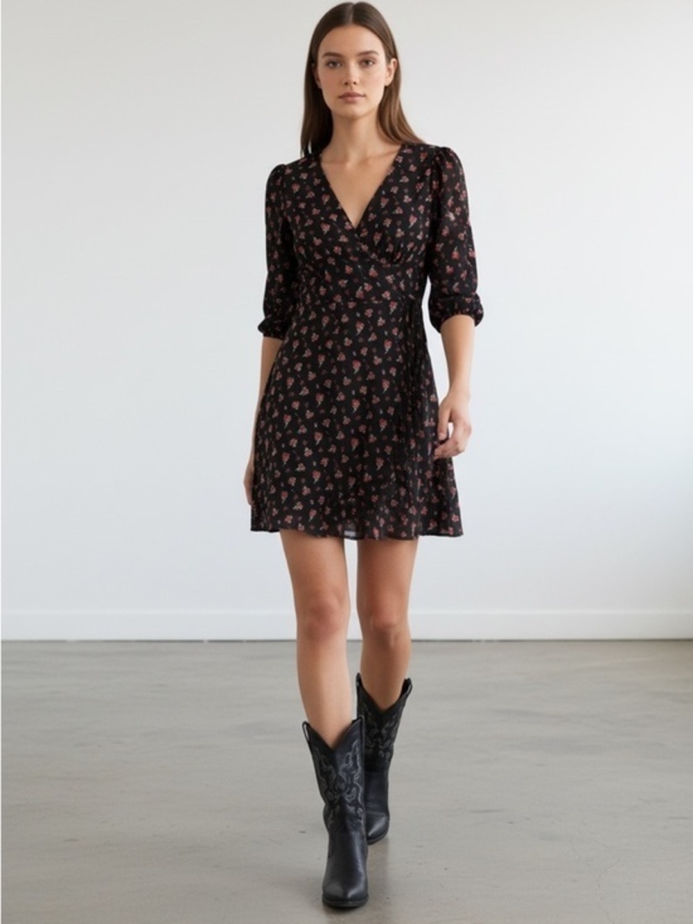 Floral Wrap V-Neck Mini Dress - Black with Pink Floral